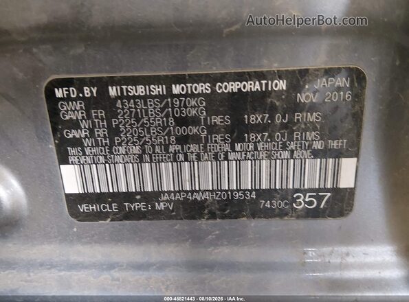 JA4AP4AW4HZ019534 2017 MITSUBISHI OUTLANDER SPORT Gray Vista del compartimento del motor