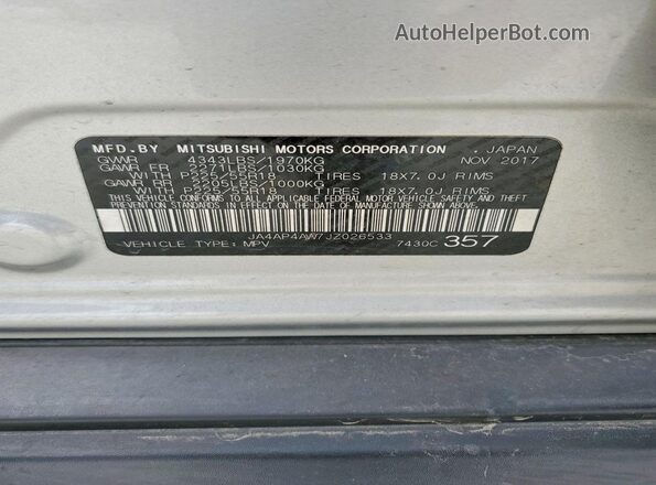 JA4AP4AW7JZ026533 2018 MITSUBISHI OUTLANDER Серебряный Вид наклейки с VIN-кодом