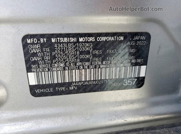JA4APUAU4NU020755 2022 MITSUBISHI OUTLANDER Silver Widok naklejki z numerem VIN