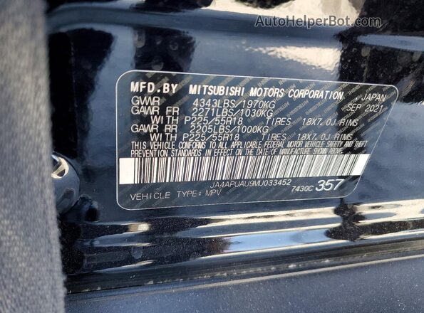 JA4APUAU9MU033452 2021 MITSUBISHI OUTLANDER Black Widok naklejki z numerem VIN