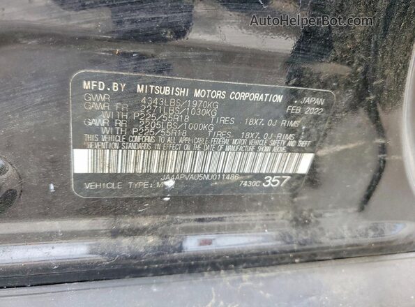 JA4APVAU5NU011486 2022 MITSUBISHI OUTLANDER Black VIN კოდის სტიკერის ხედი