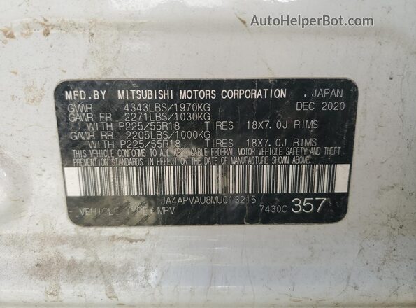 JA4APVAU8MU013215 2021 MITSUBISHI OUTLANDER White Вид наклейки з VIN-кодом