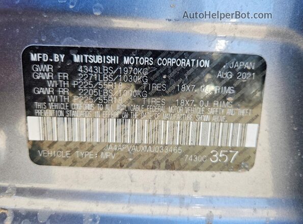 JA4APVAUXMU033465 2021 MITSUBISHI OUTLANDER Gray Widok naklejki z numerem VIN