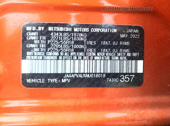 JA4APVAUXNU016019 2022 MITSUBISHI OUTLANDER Orange VIN sticker view