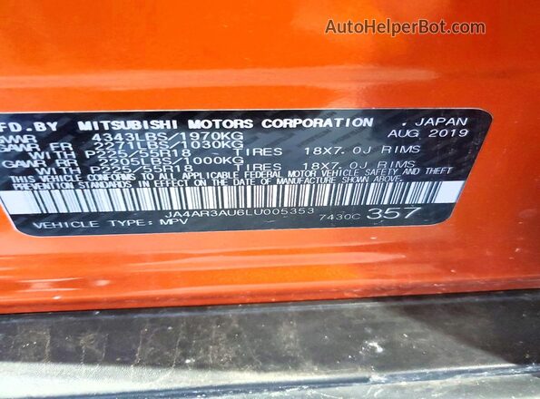 JA4AR3AU6LU005353 2020 MITSUBISHI OUTLANDER Orange Engine compartment view