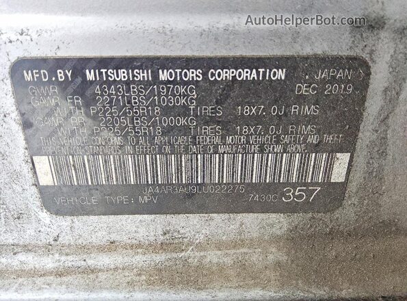 JA4AR3AU9LU022275 2020 MITSUBISHI OUTLANDER Silver Widok naklejki z numerem VIN