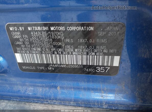 JA4AR3AW5JZ009511 2018 MITSUBISHI OUTLANDER SPORT Blue ძრავის განყოფილების ხედი