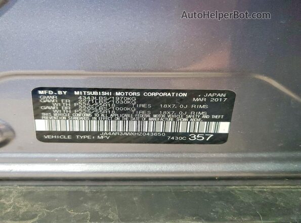 JA4AR3AWXHZ043650 2017 MITSUBISHI OUTLANDER Gray Vista de la etiqueta del VIN
