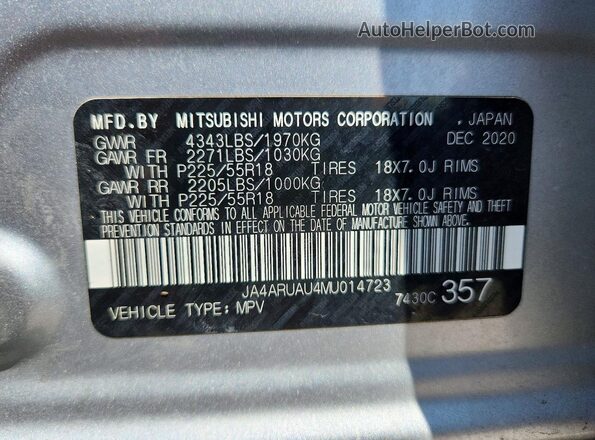 JA4ARUAU4MU014723 2021 MITSUBISHI OUTLANDER Silver Вид наклейки з VIN-кодом