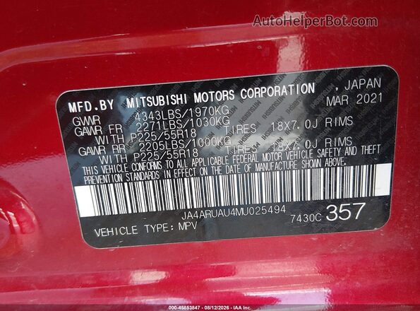 JA4ARUAU4MU025494 2021 MITSUBISHI OUTLANDER SPORT Red Vista del compartimento del motor
