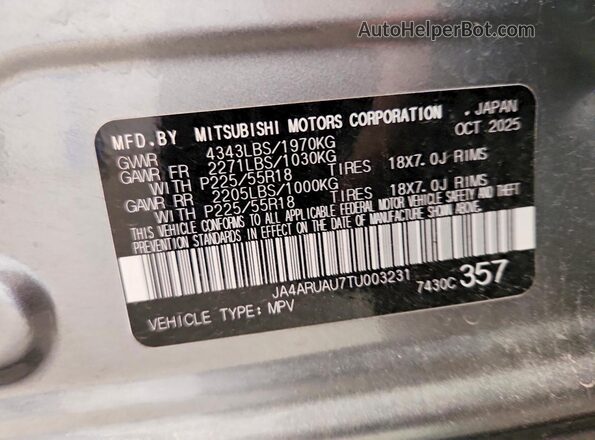 JA4ARUAU7TU003231 2026 MITSUBISHI OUTLANDER Gray Vista de la etiqueta del VIN