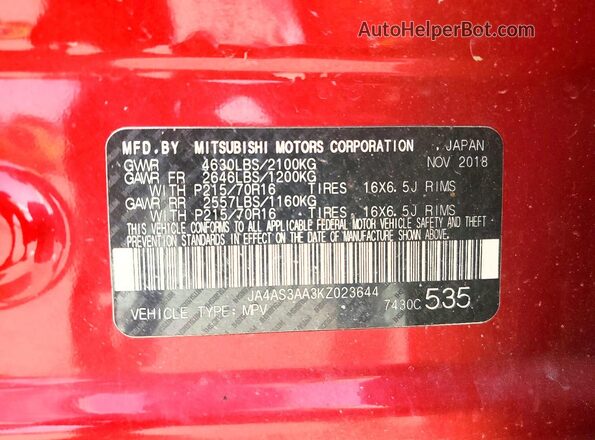 JA4AS3AA3KZ023644 2019 MITSUBISHI ECLIPSE Red Widok naklejki z numerem VIN