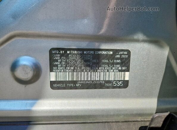 JA4AS3AA5LZ033769 2020 MITSUBISHI ECLIPSE Silver Vista de la etiqueta del VIN