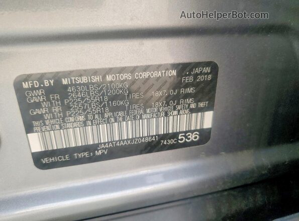 JA4AT4AAXJZ048641 2018 MITSUBISHI ECLIPSE Gray Вид наклейки з VIN-кодом