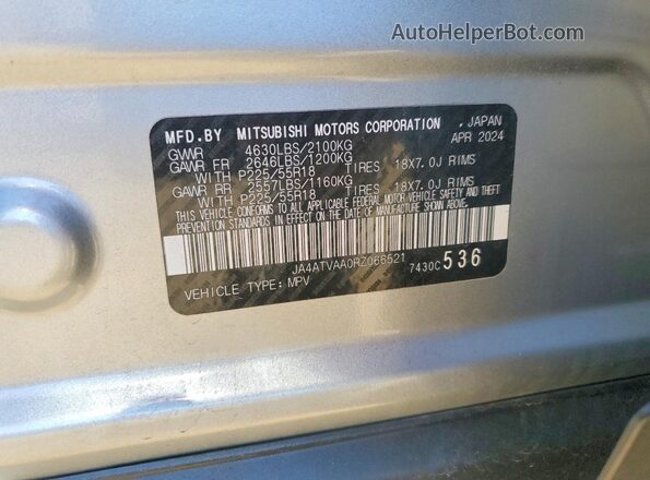 JA4ATVAA0RZ066521 2024 MITSUBISHI ECLIPSE Silver Widok naklejki z numerem VIN