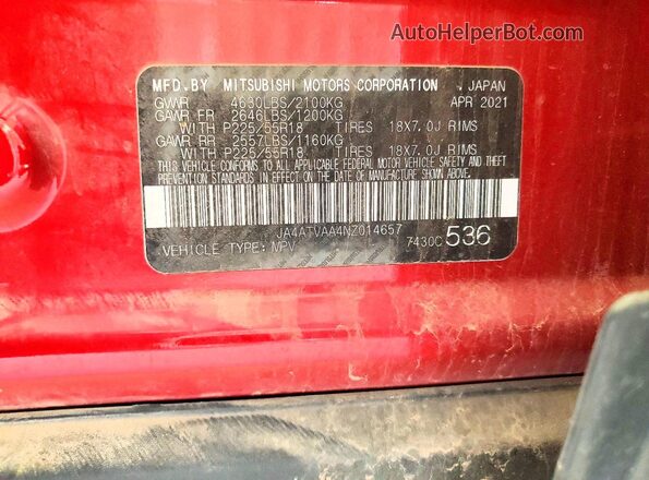 JA4ATVAA4NZ014657 2022 MITSUBISHI ECLIPSE Red VIN sticker view