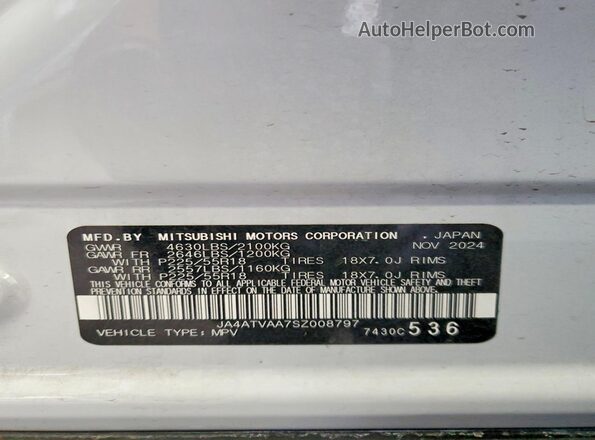 JA4ATVAA7SZ008797 2025 MITSUBISHI ECLIPSE White VIN კოდის სტიკერის ხედი