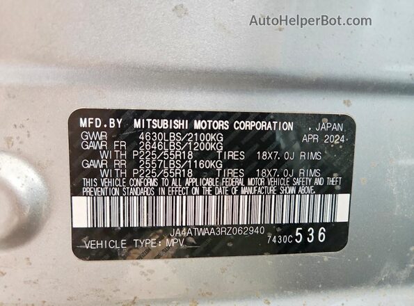 JA4ATWAA3RZ062940 2024 MITSUBISHI ECLIPSE Silver VIN კოდის სტიკერის ხედი