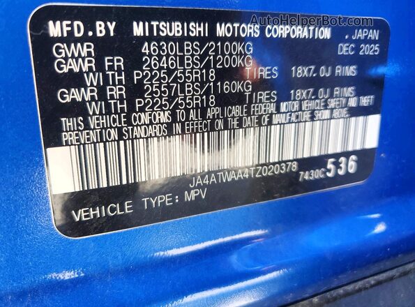 JA4ATWAA4TZ020378 2026 MITSUBISHI ECLIPSE Blue Widok naklejki z numerem VIN