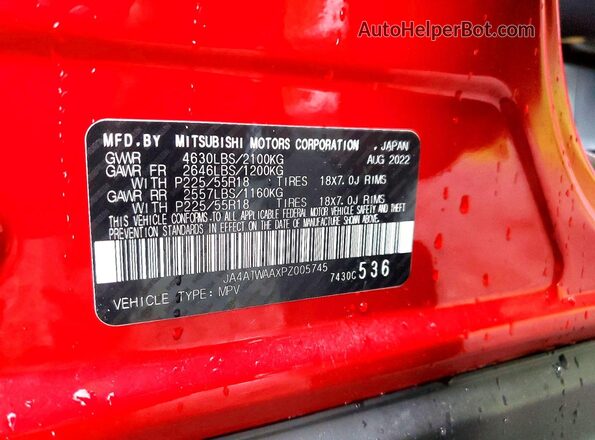 JA4ATWAAXPZ005745 2023 MITSUBISHI ECLIPSE Red VIN კოდის სტიკერის ხედი