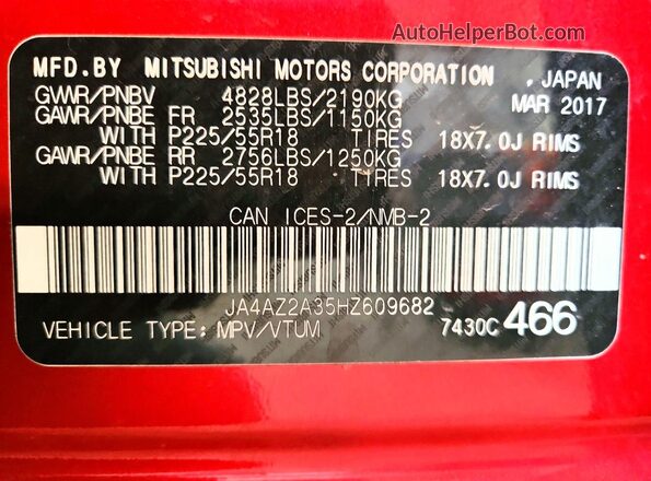 JA4AZ2A35HZ609682 2017 MITSUBISHI OUTLANDER Red VIN კოდის სტიკერის ხედი