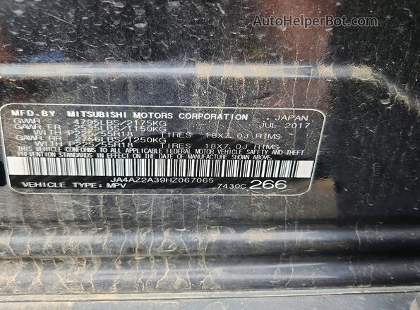 JA4AZ2A39HZ067065 2017 MITSUBISHI OUTLANDER Black VIN կոդի պիտակի տեսք