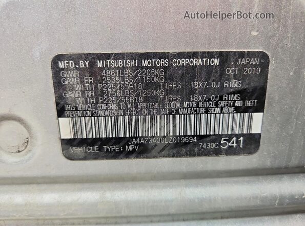 JA4AZ3A30LZ019694 2020 MITSUBISHI OUTLANDER Silver Вид наклейки з VIN-кодом