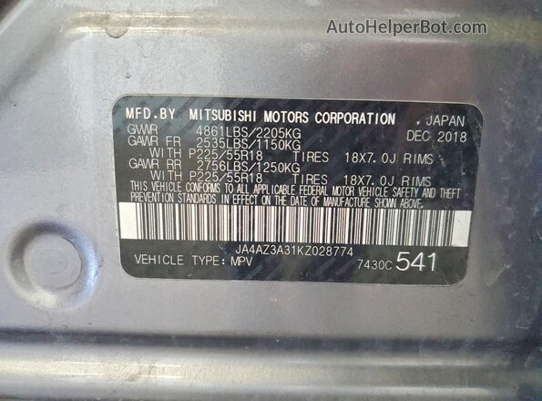 JA4AZ3A31KZ028774 2019 MITSUBISHI OUTLANDER Gray Vista de la etiqueta del VIN