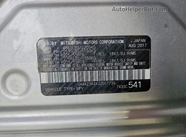 JA4AZ3A3XJZ007730 2018 MITSUBISHI OUTLANDER Silver VIN sticker view