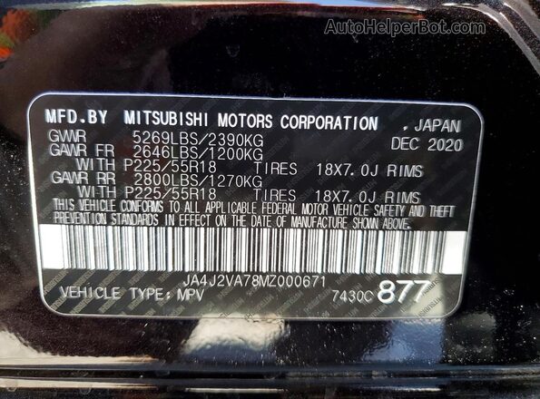 JA4J2VA78MZ000671 2021 MITSUBISHI OUTLANDER Maroon VIN sticker view