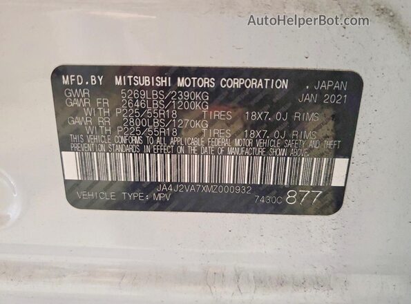 JA4J2VA7XMZ000932 2021 MITSUBISHI OUTLANDER White VIN կոդի պիտակի տեսք