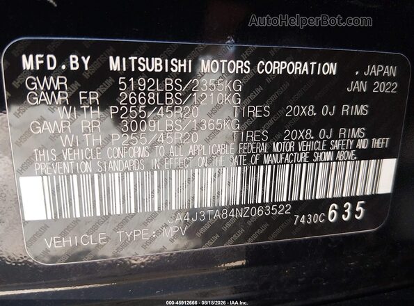 JA4J3TA84NZ063522 2022 MITSUBISHI OUTLANDER Black Vista del compartimento del motor