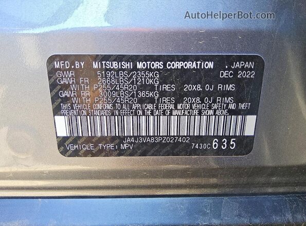 JA4J3VA83PZ027402 2023 MITSUBISHI OUTLANDER Gray Вид наклейки з VIN-кодом