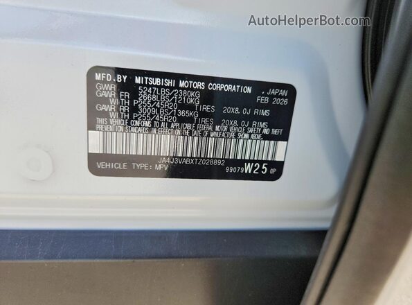 JA4J3VABXTZ028892 2026 MITSUBISHI OUTLANDER White Vista de la etiqueta del VIN