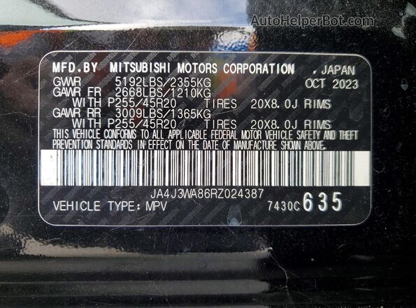 JA4J3WA86RZ024387 2024 MITSUBISHI OUTLANDER Black Вид наклейки з VIN-кодом
