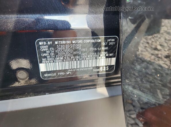 JA4J4TA83NZ041668 2022 MITSUBISHI OUTLANDER Черный Вид наклейки с VIN-кодом