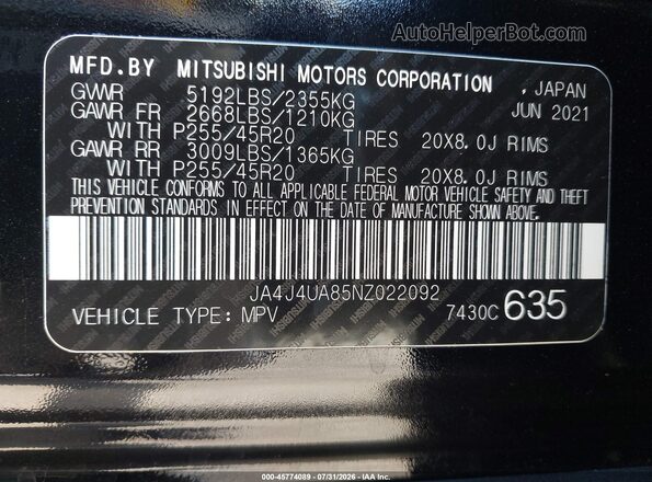 JA4J4UA85NZ022092 2022 MITSUBISHI OUTLANDER Black Вид підкапотного простору