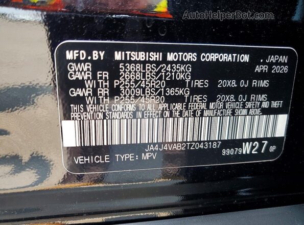 JA4J4VAB2TZ043187 2026 MITSUBISHI OUTLANDER Черный Вид наклейки с VIN-кодом