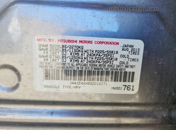 JA4JZ4AX6GZ010271 2016 MITSUBISHI OUTLANDER Gray Widok naklejki z numerem VIN