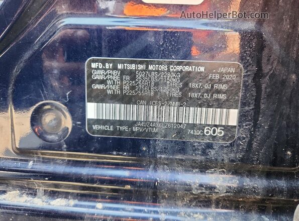 JA4JZ4AX6LZ612047 2020 MITSUBISHI OUTLANDER Blue VIN კოდის სტიკერის ხედი