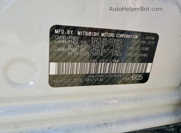 JA4JZ4AX7LZ609884 2020 MITSUBISHI OUTLANDER White Vista de la etiqueta del VIN