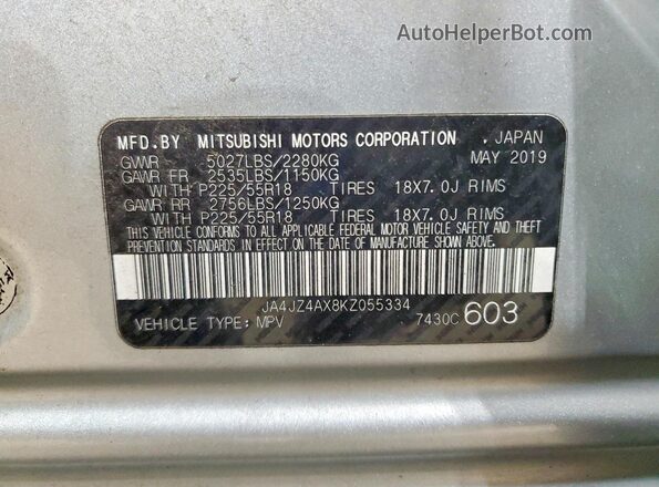 JA4JZ4AX8KZ055334 2019 MITSUBISHI OUTLANDER Silver VIN sticker view