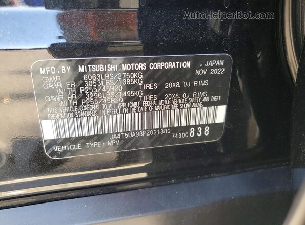 JA4T5UA93PZ021380 2023 MITSUBISHI OUTLANDER Black VIN კოდის სტიკერის ხედი