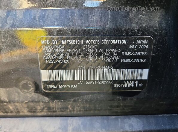JA4T5WA91RZ625508 2024 MITSUBISHI OUTLANDER Black Vista de la etiqueta del VIN