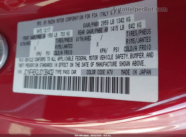 JC1NFAEK2J0138402 2018 FIAT 124 SPIDER Red ძრავის განყოფილების ხედი