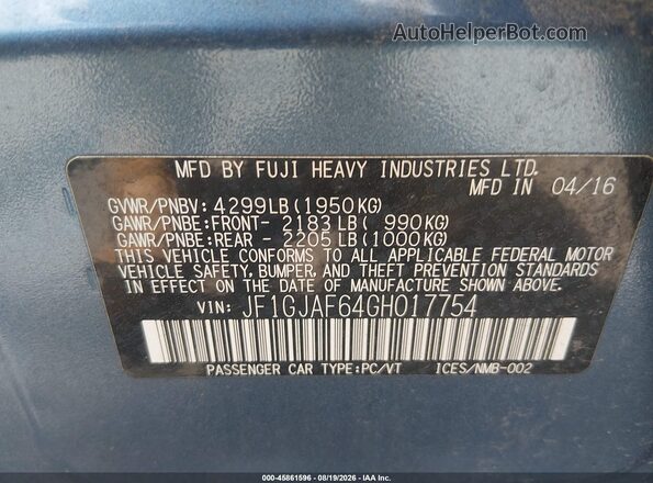 JF1GJAF64GH017754 2016 SUBARU IMPREZA Blue Вид підкапотного простору