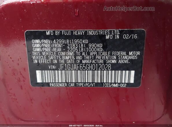 JF1GJAF65GH012028 2016 SUBARU IMPREZA Красный Вид подкапотного пространства