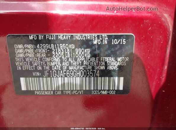JF1GJAF69GH003574 2016 SUBARU IMPREZA Red ძრავის განყოფილების ხედი