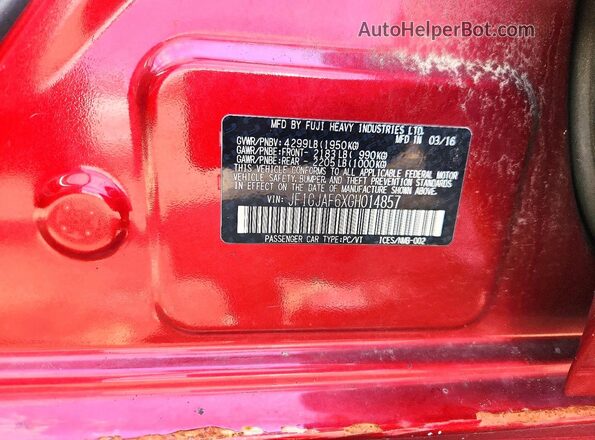 JF1GJAF6XGH014857 2016 SUBARU IMPREZA Red ძრავის განყოფილების ხედი