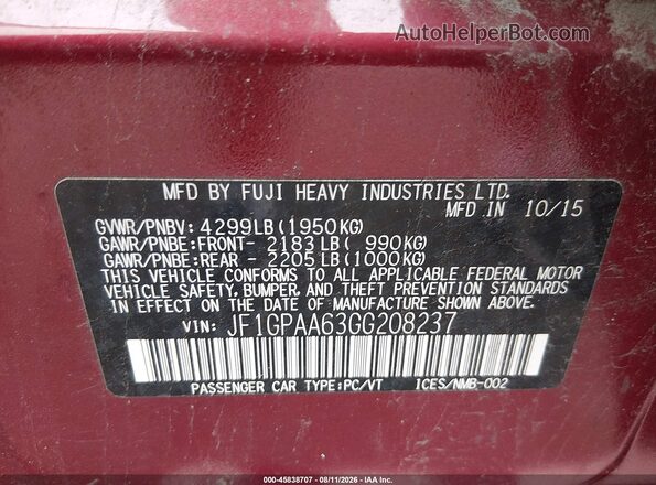 JF1GPAA63GG208237 2016 SUBARU IMPREZA Red Вид підкапотного простору